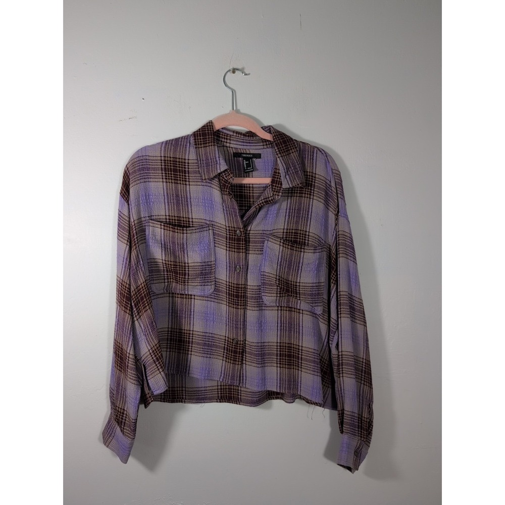 Foreverβ 21 Plaid Cropped Flannel Shirt Burgundy Lavender Oversized Size Small